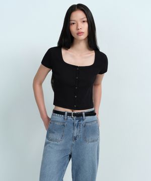우먼즈 슬림 크롭 스퀘어 넥 버튼 티셔츠 [블랙]
