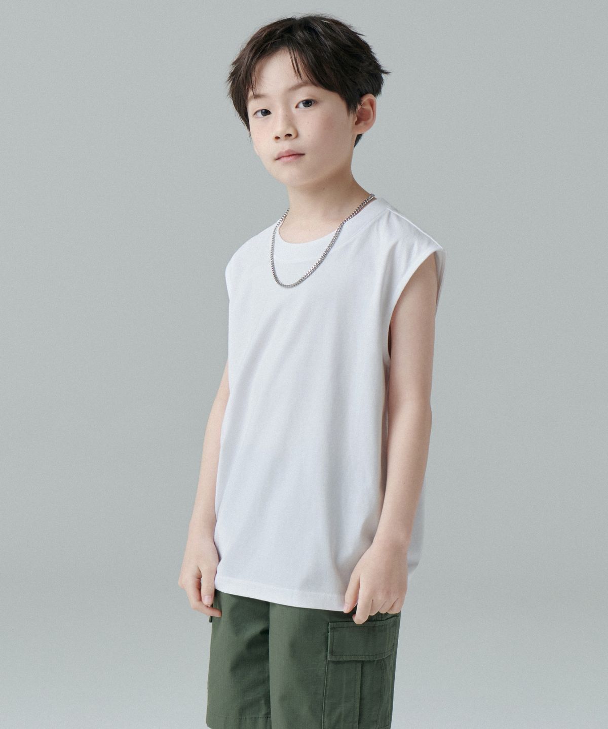 무신사 스탠다드 키즈(MUSINSA STANDARD KIDS) [쿨탠다드] 오버사이즈 크루 넥 슬리브리스 탑 [화이트]