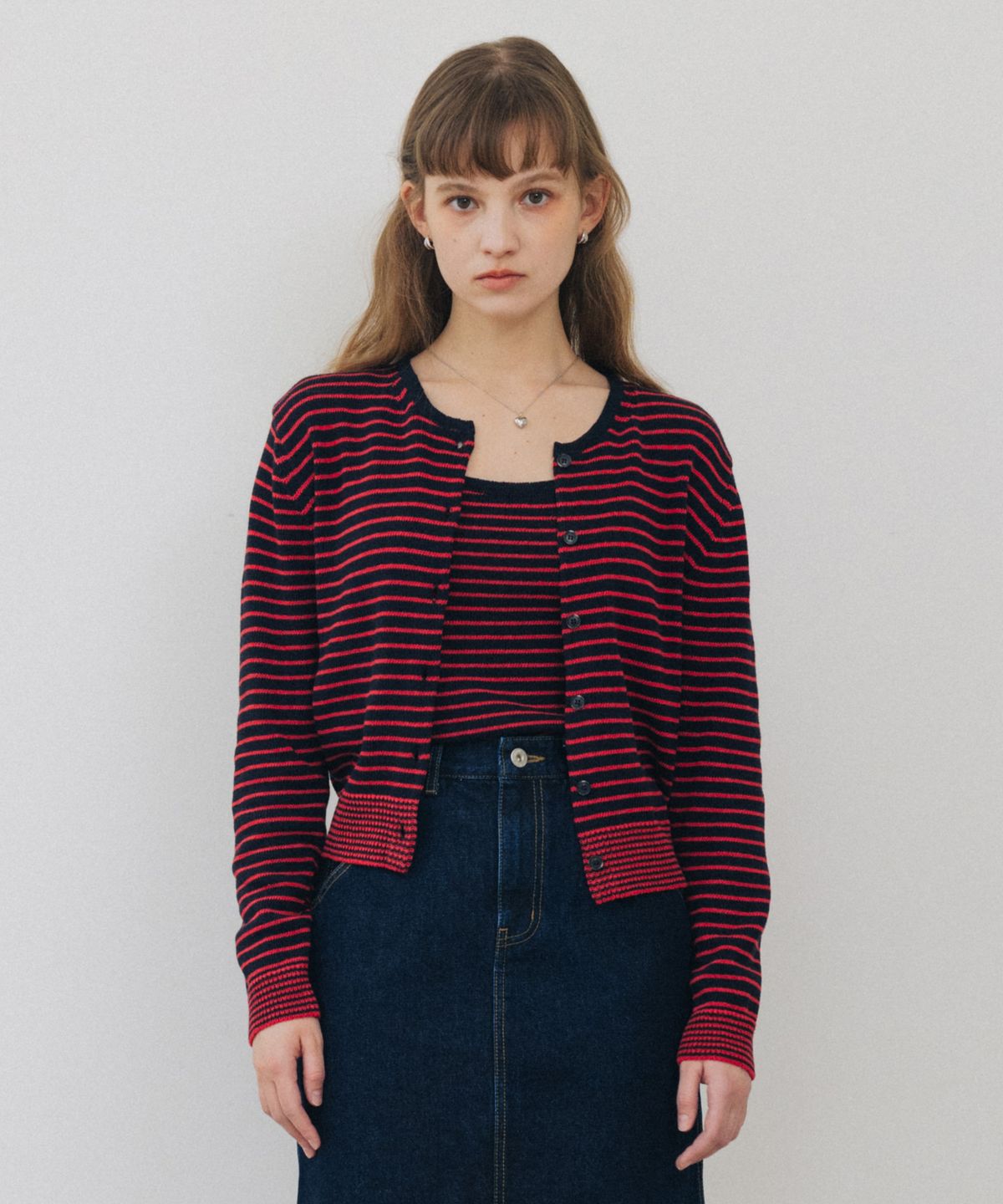 튜드먼트(TTUDEMENT) STRIPE CREWNECK CARDIGAN NAVY