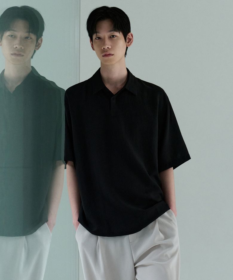 릴렉스드 린넨 라이크 튜닉 반소매 셔츠 [블랙]