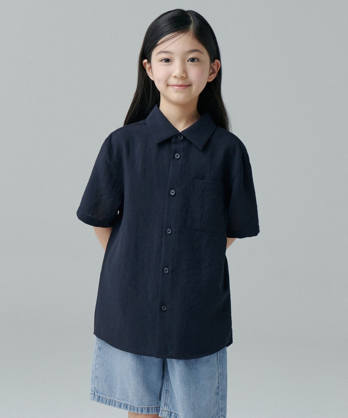 무신사 스탠다드 키즈(MUSINSA STANDARD KIDS) 릴렉스드 린넨 라이크 반소매 셔츠 [네이비]