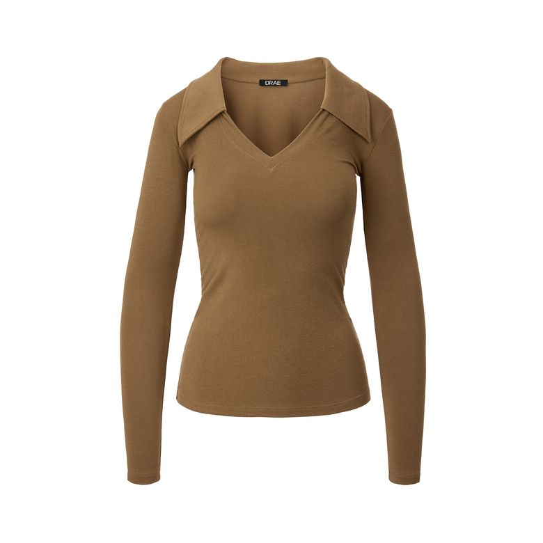 V-NECK WING COLLAR TSHIRT_BROWN