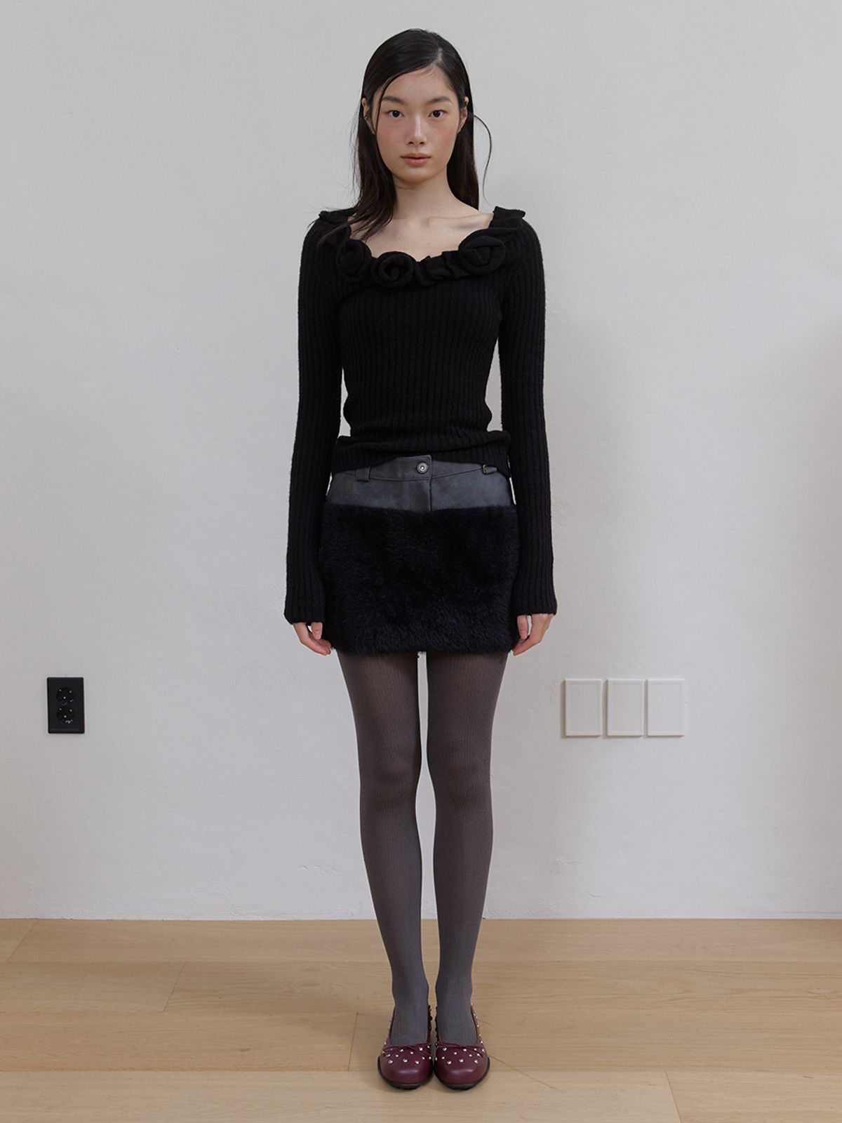아수라(ASURA) 레더 퍼 믹스 스커트 (BLACK)
