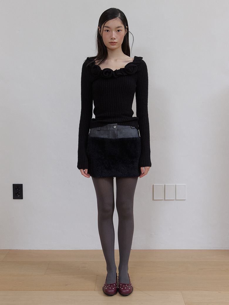 레더 퍼 믹스 스커트 (BLACK)