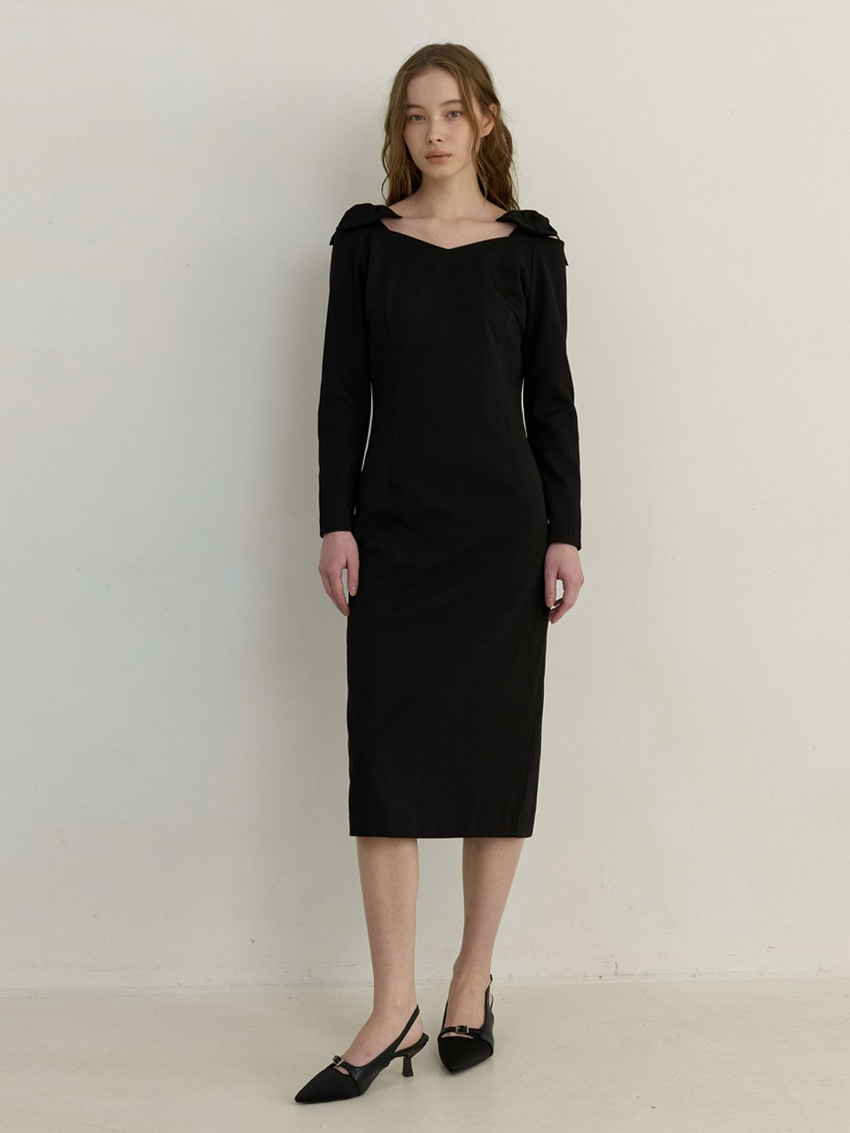 카인더베이비(KINDABABY) semi off shoulder ribbon dress - black