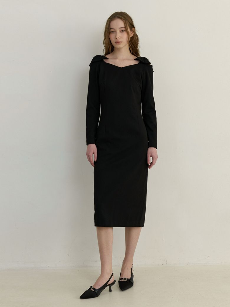 semi off shoulder ribbon dress - black