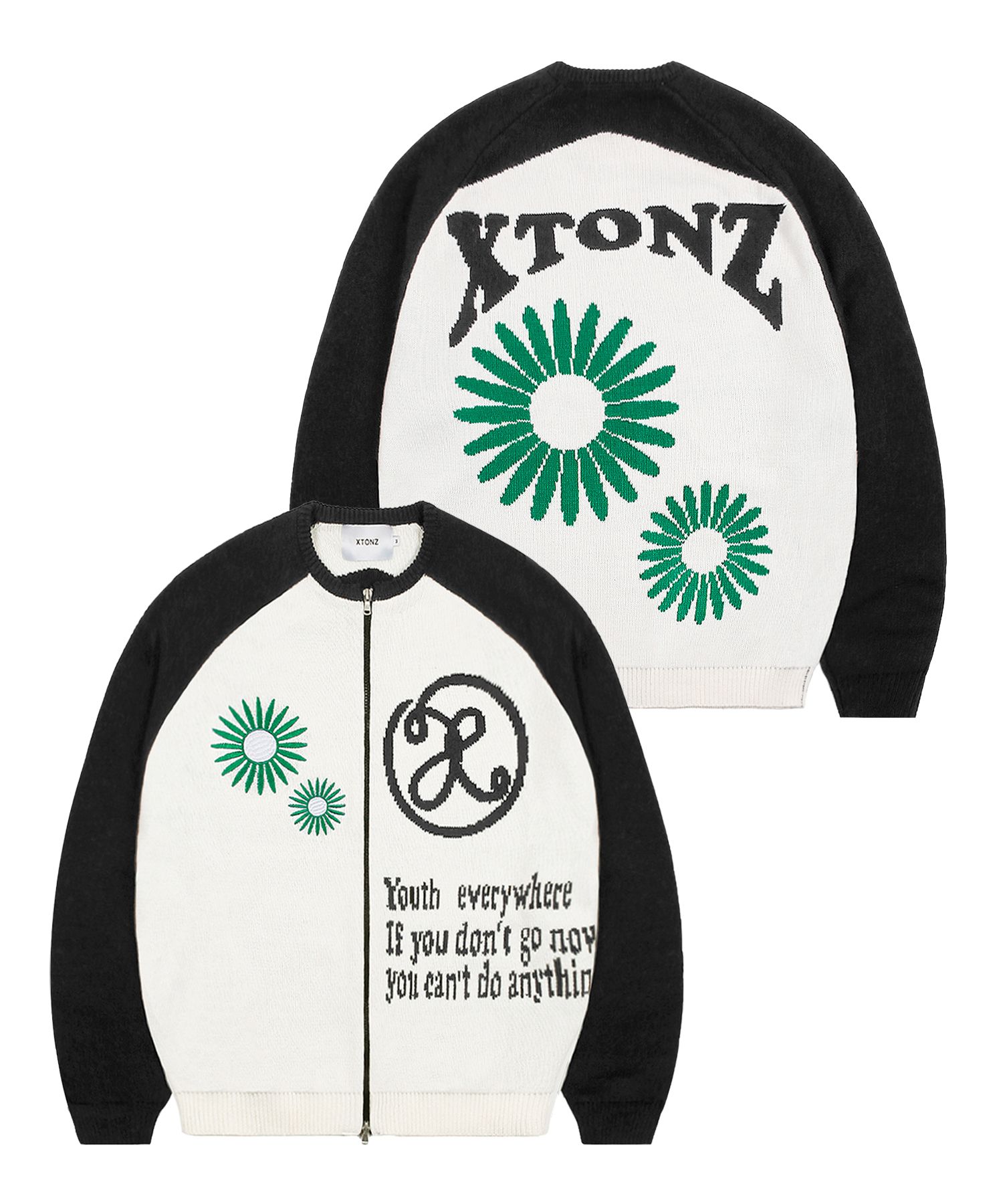 MUSINSA | XTONZ XTK073 Flower Raglan Knit Zip-Up (BLACK)