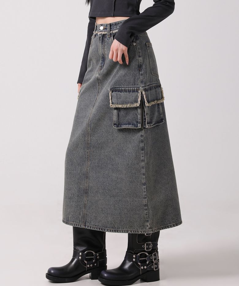 Harper Tassel Pocket Denim Long Skirt YELLOW BLUE