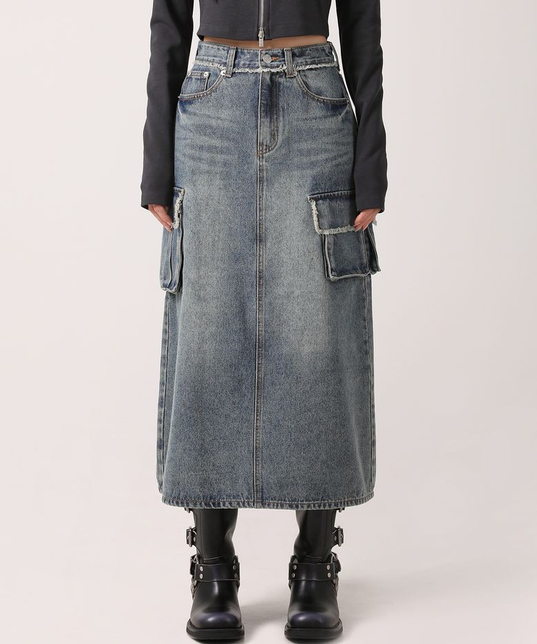 Harper Tassel Pocket Denim Long Skirt BLUE
