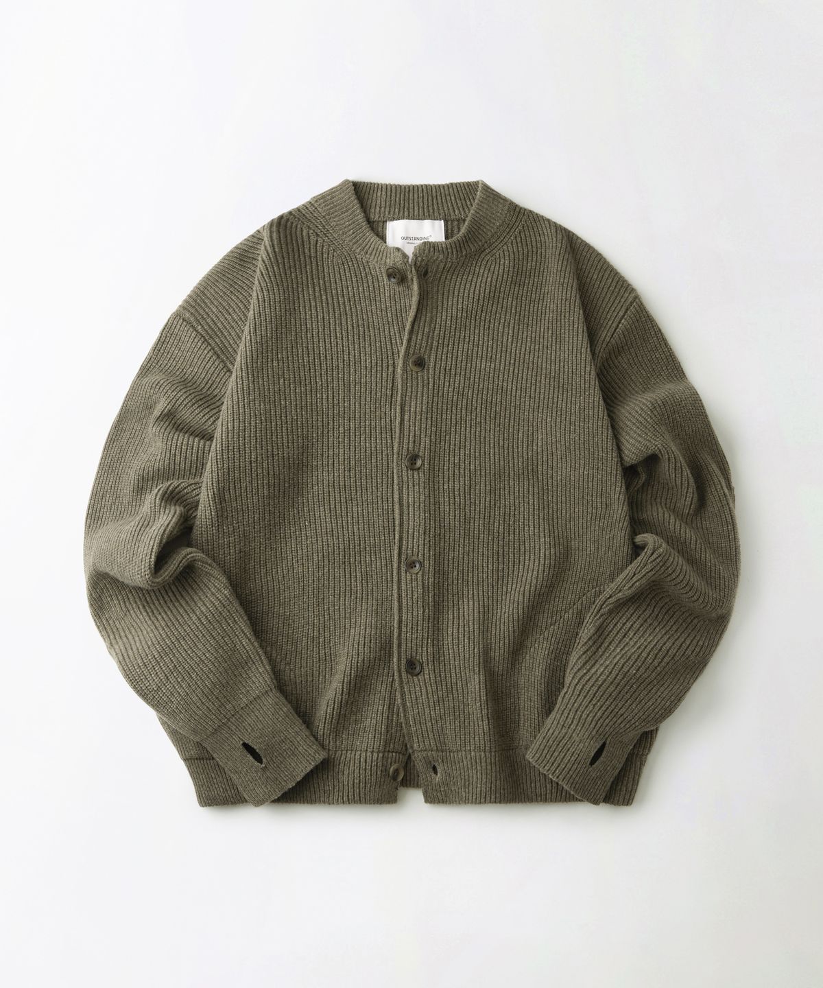 아웃스탠딩(OUTSTANDING) LAMBSWOOL ROUND NECK CARDIGAN_KHAKI MELANGE