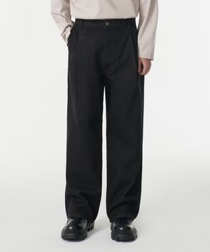 딥 턱 와이드 데님 팬츠 [로우 블랙]