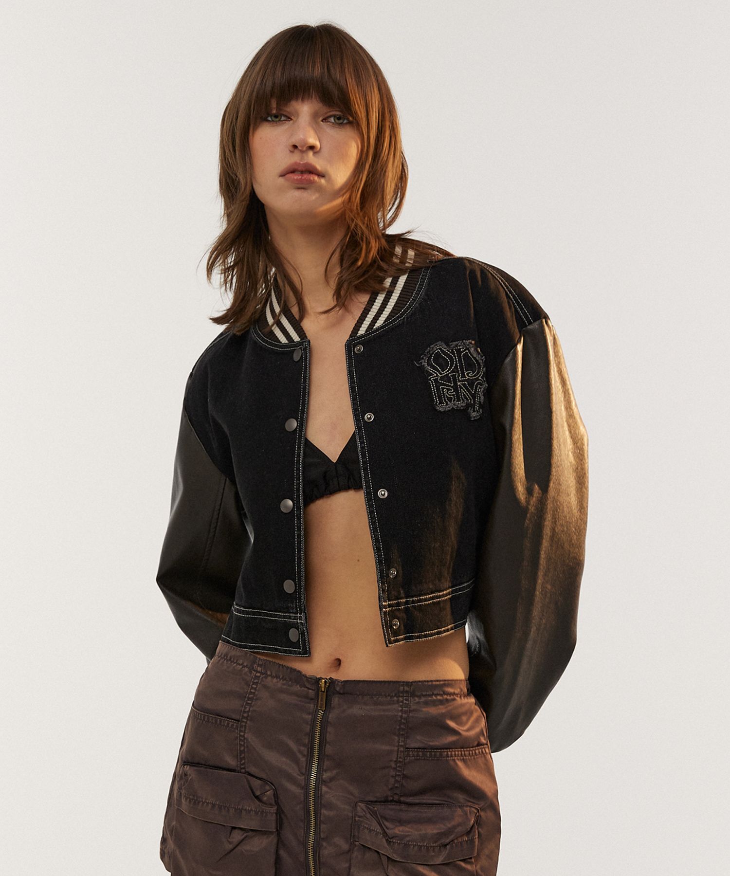 ●ORDINARY HOLIDAY●DENIM LEATHER VARSITY JUMPER ジャケット MUSINSA | ORDINARY HOLIDAY Denim leather Varsity Jumper [BLACK]