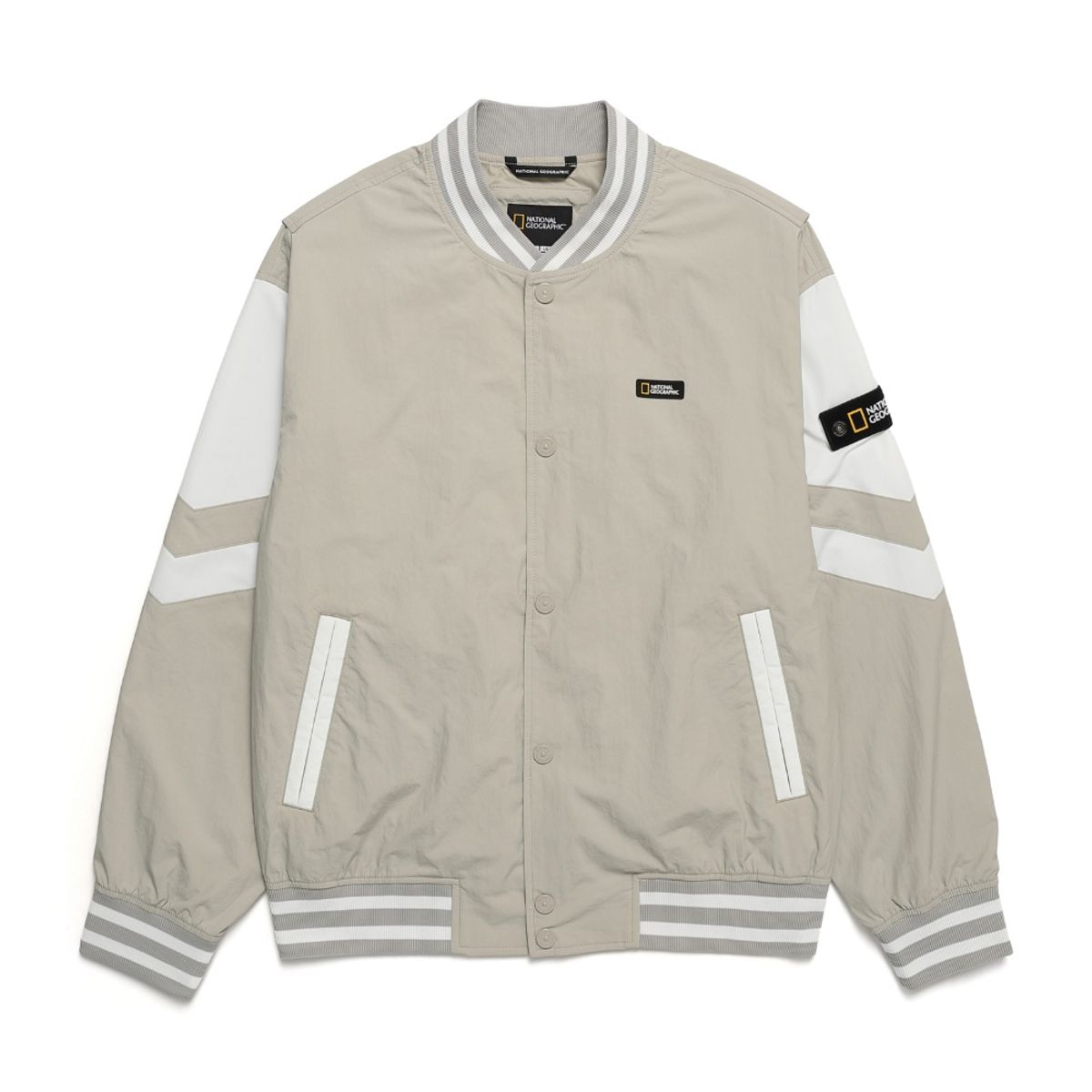 내셔널지오그래픽(NATIONALGEOGRAPHIC) N241MJP902 컬러 배색 바시티 자켓 OAK BEIGE