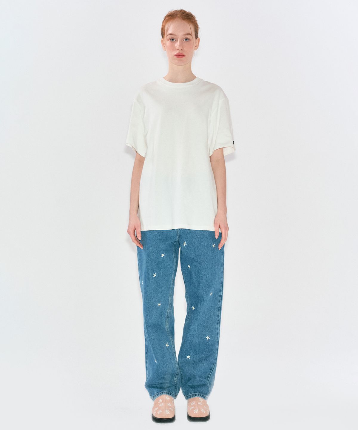 데이지신드롬(DAISY SYNDROME) STRAIGHT FLOWER DENIM PANTS blue