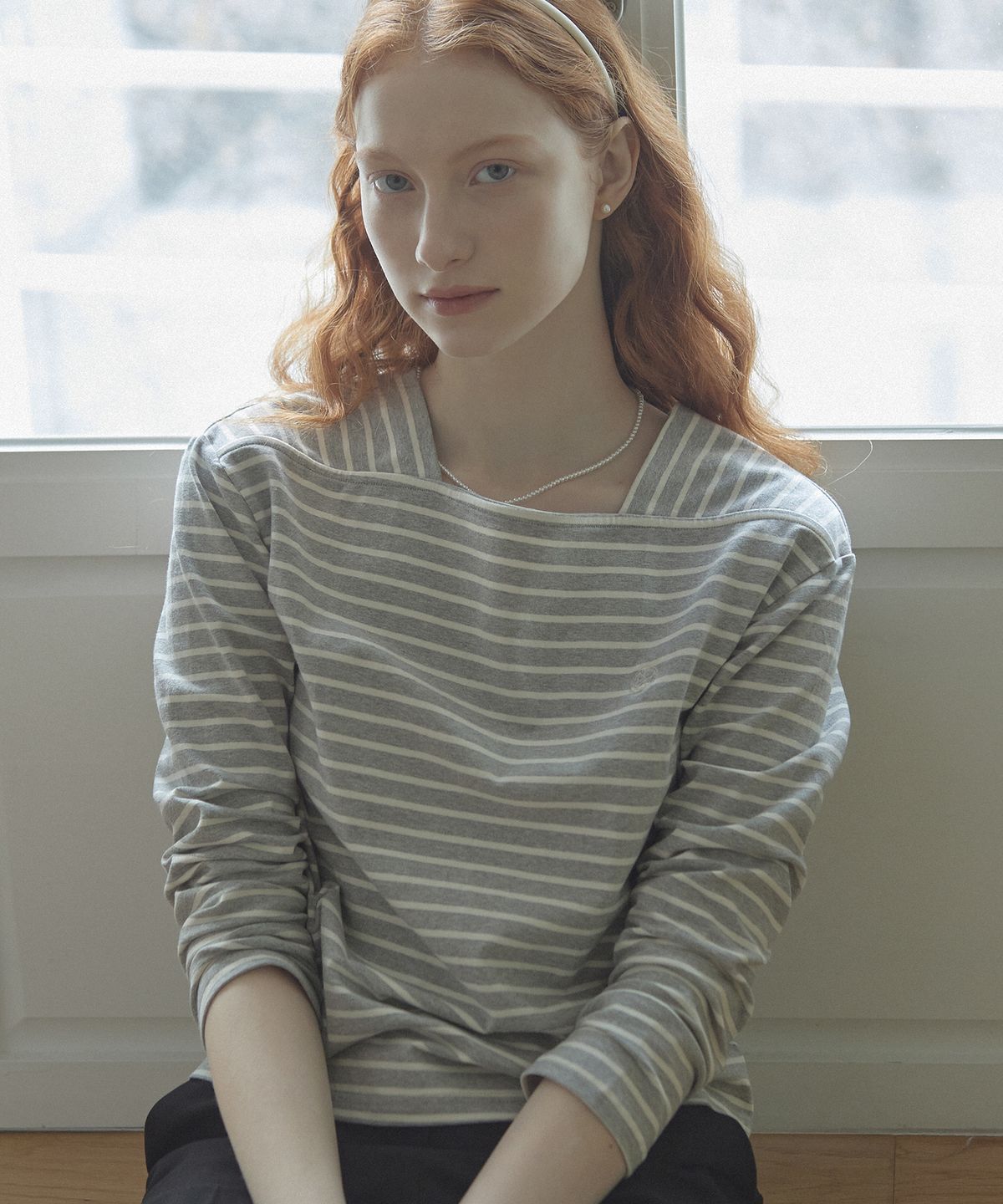 논로컬(NONLOCAL) Boat Neck Stripe T-Shirt - Grey