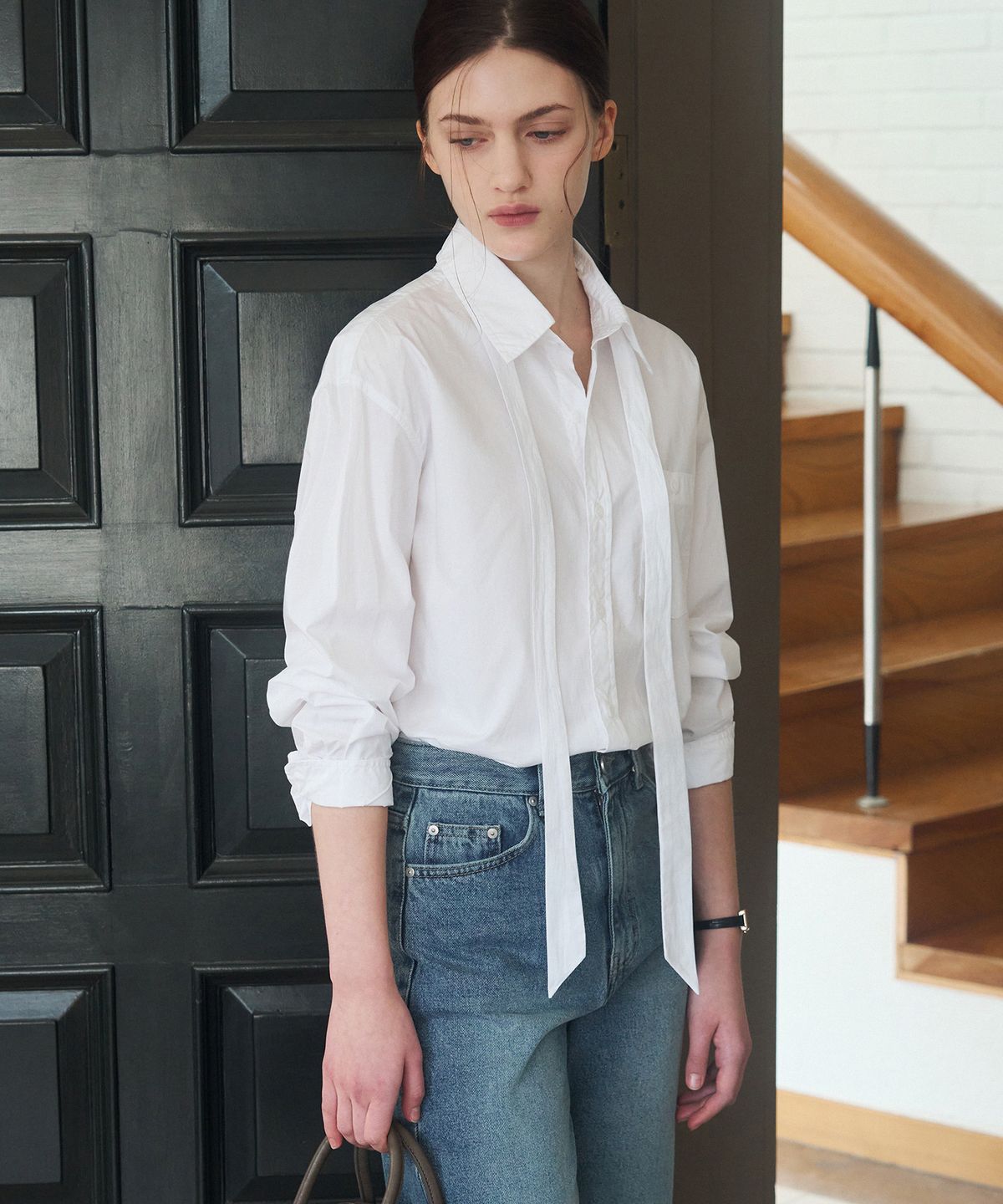 드로우핏 우먼(DRAWFIT WOMEN) 실켓 코튼 타이 셔츠 [WHITE]