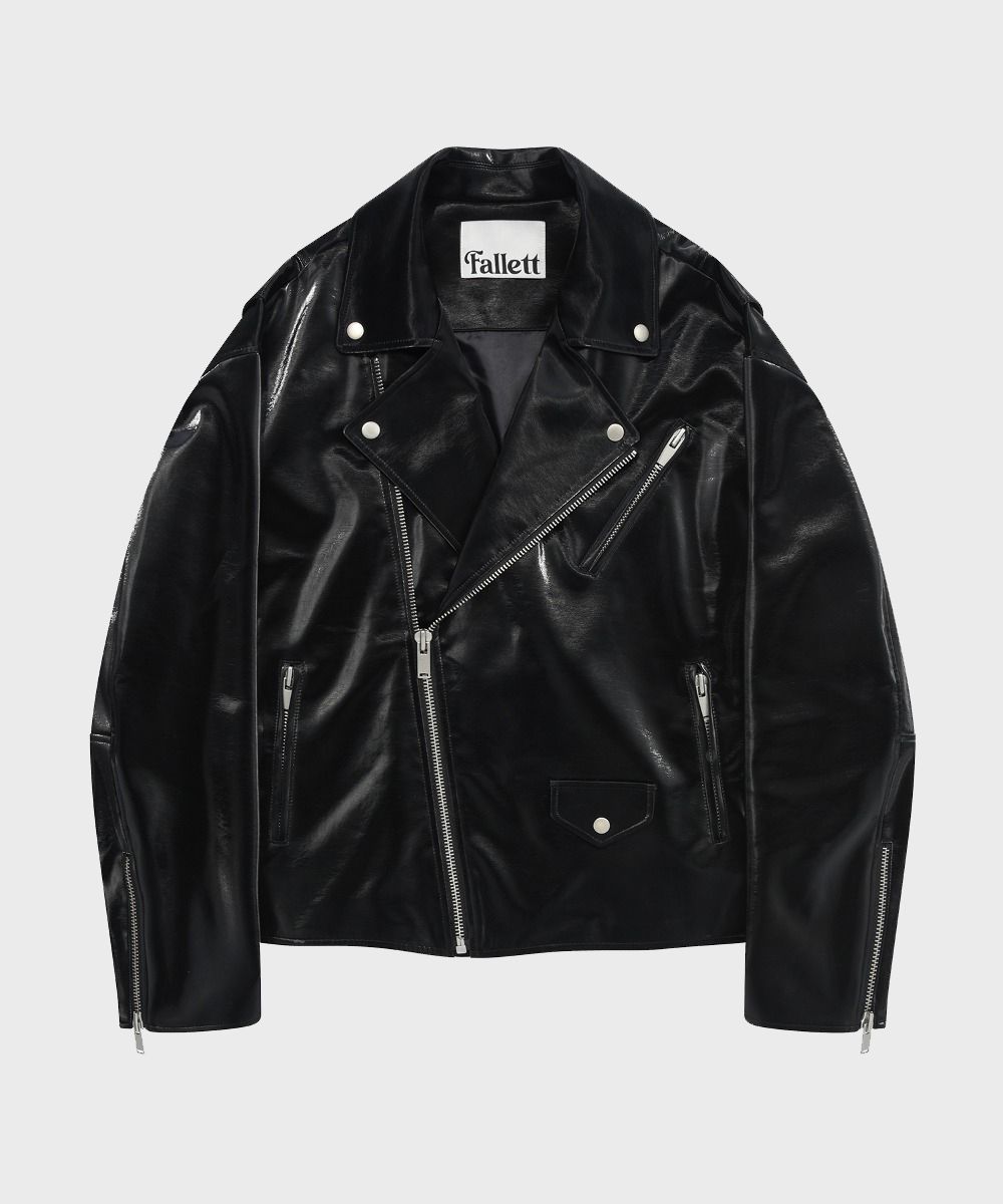 FALLETT Glossy leather jacket black FACEONLAB Metal Epaulettes