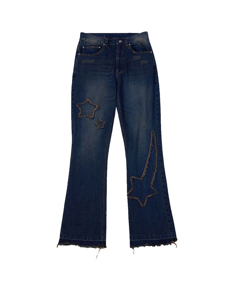 STAR DAMAGED BOOTSCUT DENIM PANTS (YELLOW BLUE)