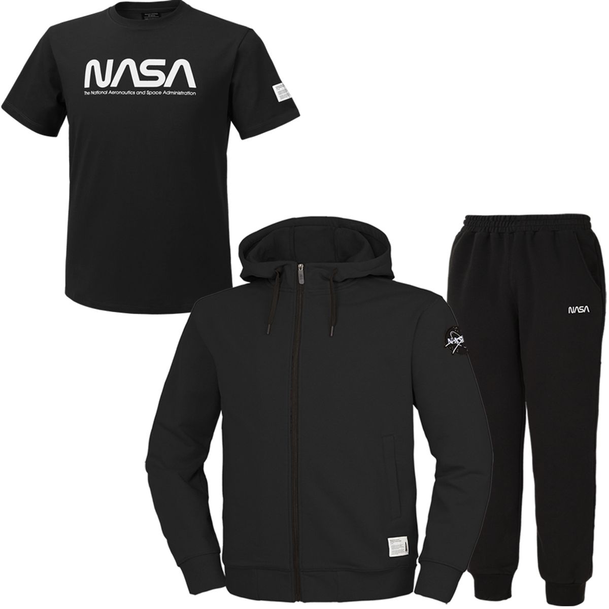 나사(NASA) 남녀공용 스웨트  후드집업 자켓 +조거팬츠+반팔티 3종 세트 [블랙]