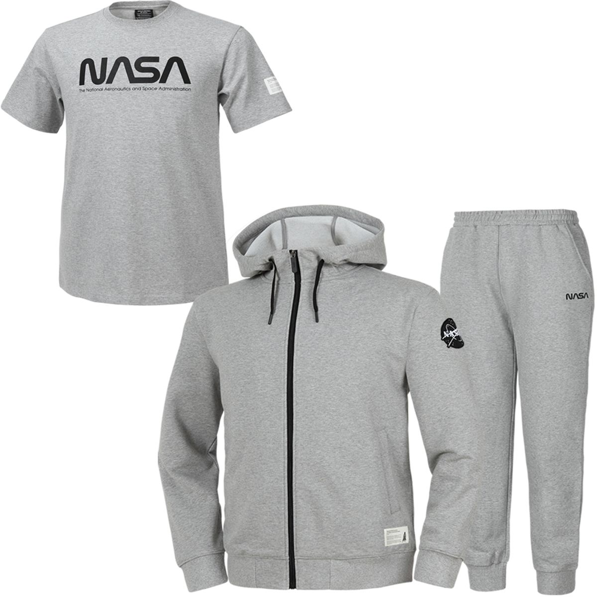나사(NASA) 남녀공용 스웨트  후드집업 자켓 +조거팬츠+반팔티 3종 세트 [라이트멜란지]