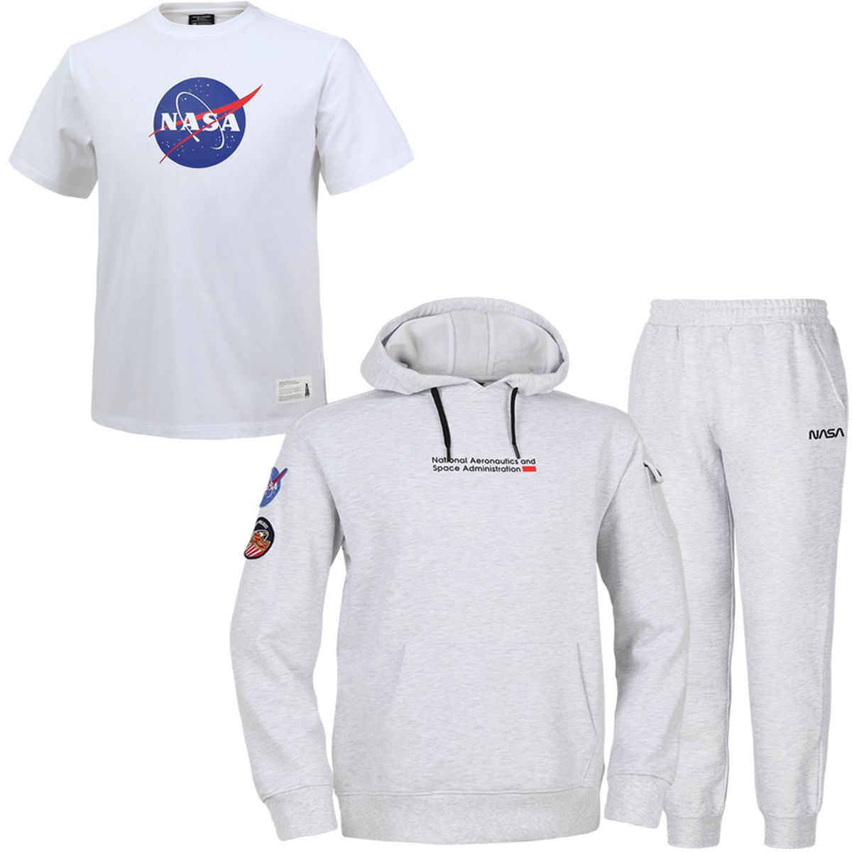 나사(NASA) 남녀공용  스웨트 와펜 후드티+조거팬츠+반팔티 3종 세트 [멜란지화이트+화이트]