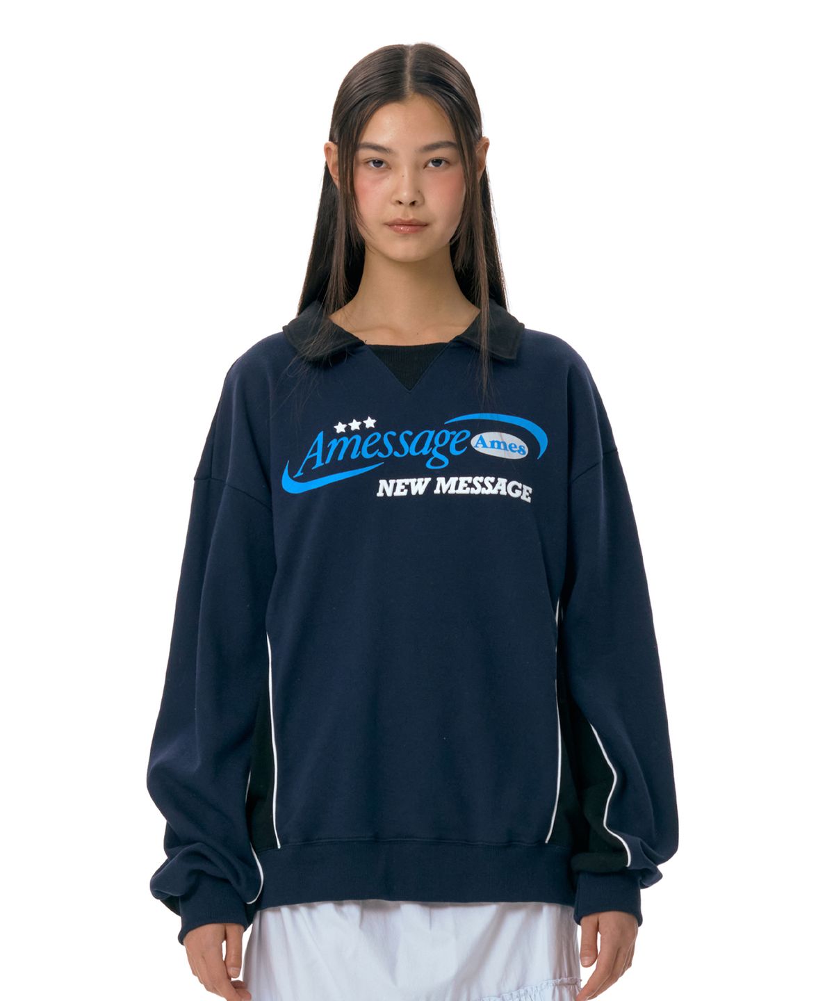 아메스 월드와이드(AMES-WORLDWIDE) NEW MESSAGE COLLAR SWEATSHIRT NAVY (AM2ESUM442A)