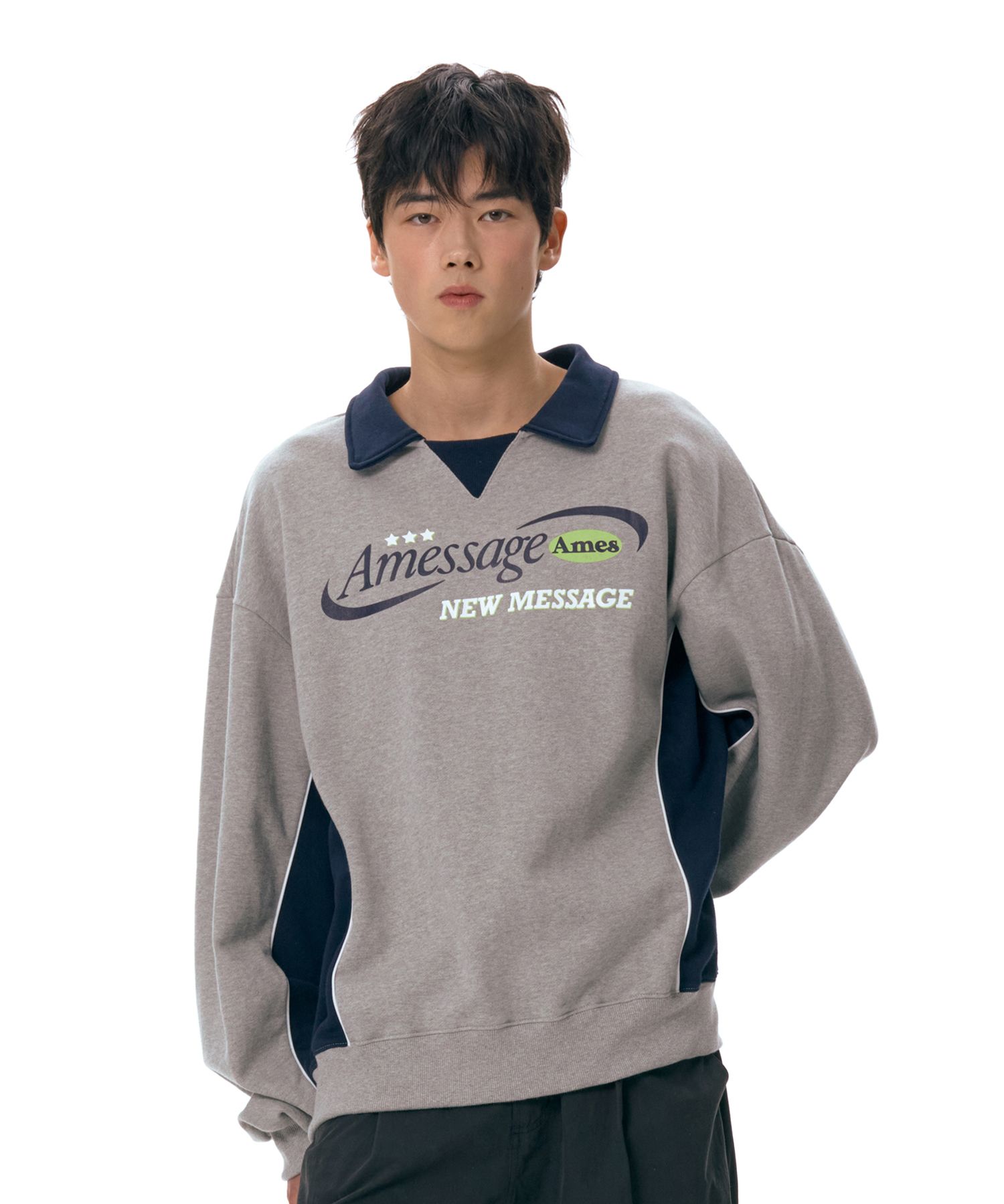 ★AMES-WORLDWIDE★NEW MESSAGE SWEATSHIRT CHARCOAL★正規品 MUSINSA公式 | AMES-WORLDWIDE NEW MESSAGE COLLAR SWEATSHIRT