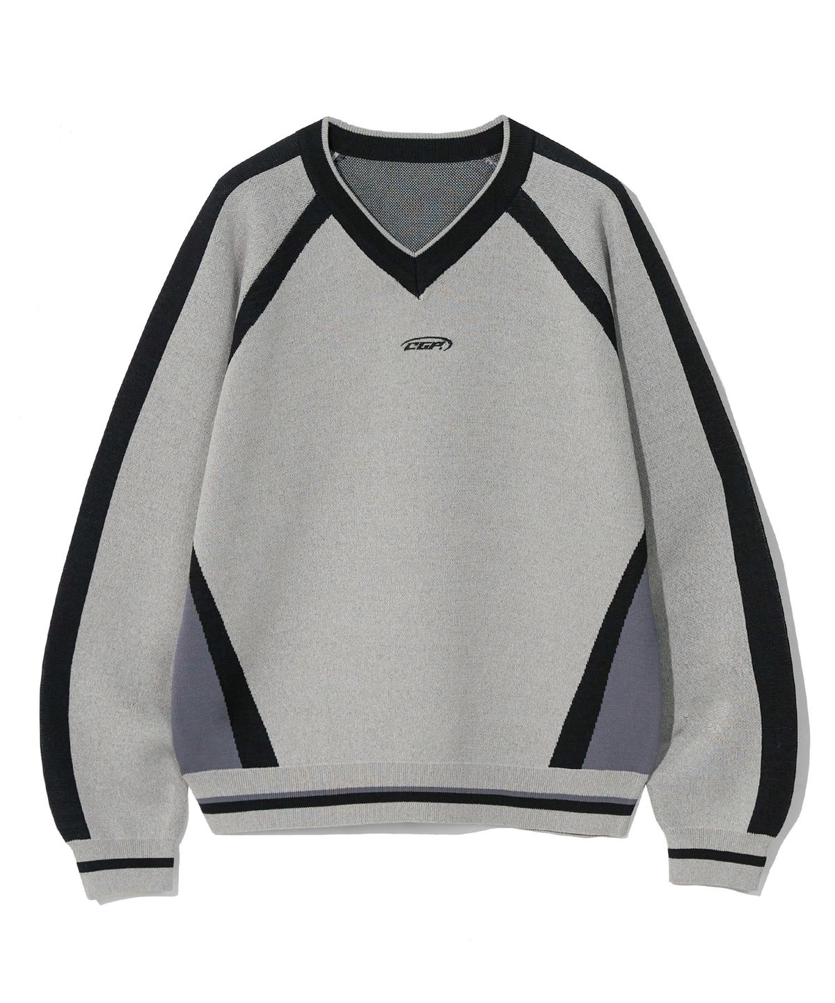 코드그라피(CGP) CGP 라인 오버핏 배색 브이넥 니트_멜란지그레이