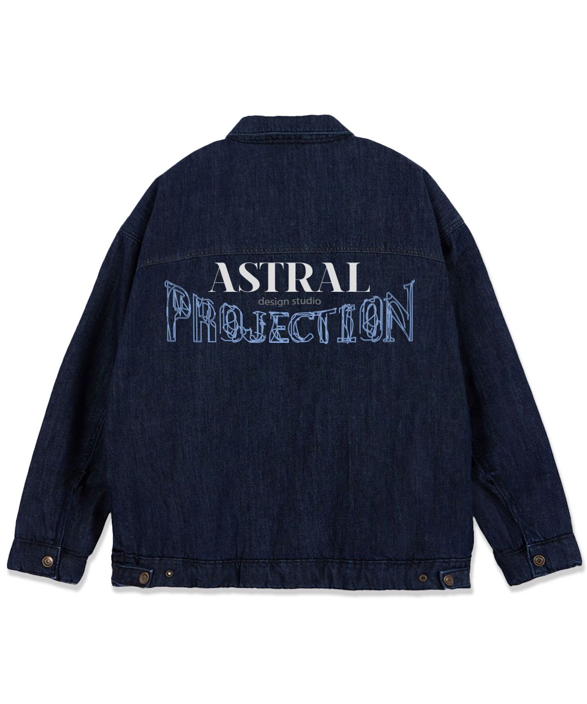 아스트랄 프로젝션(ASTRAL PROJECTION) 아치 로고 오버핏 트러커 패딩 자켓_데님
