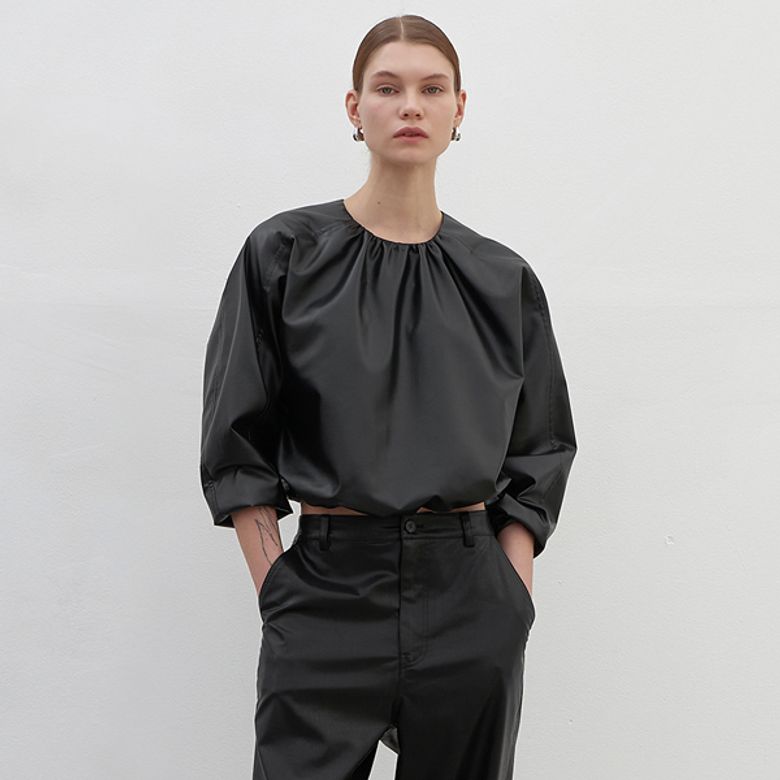 BOLT LEATHER SHIRRING BLOUSE(BL-4186)