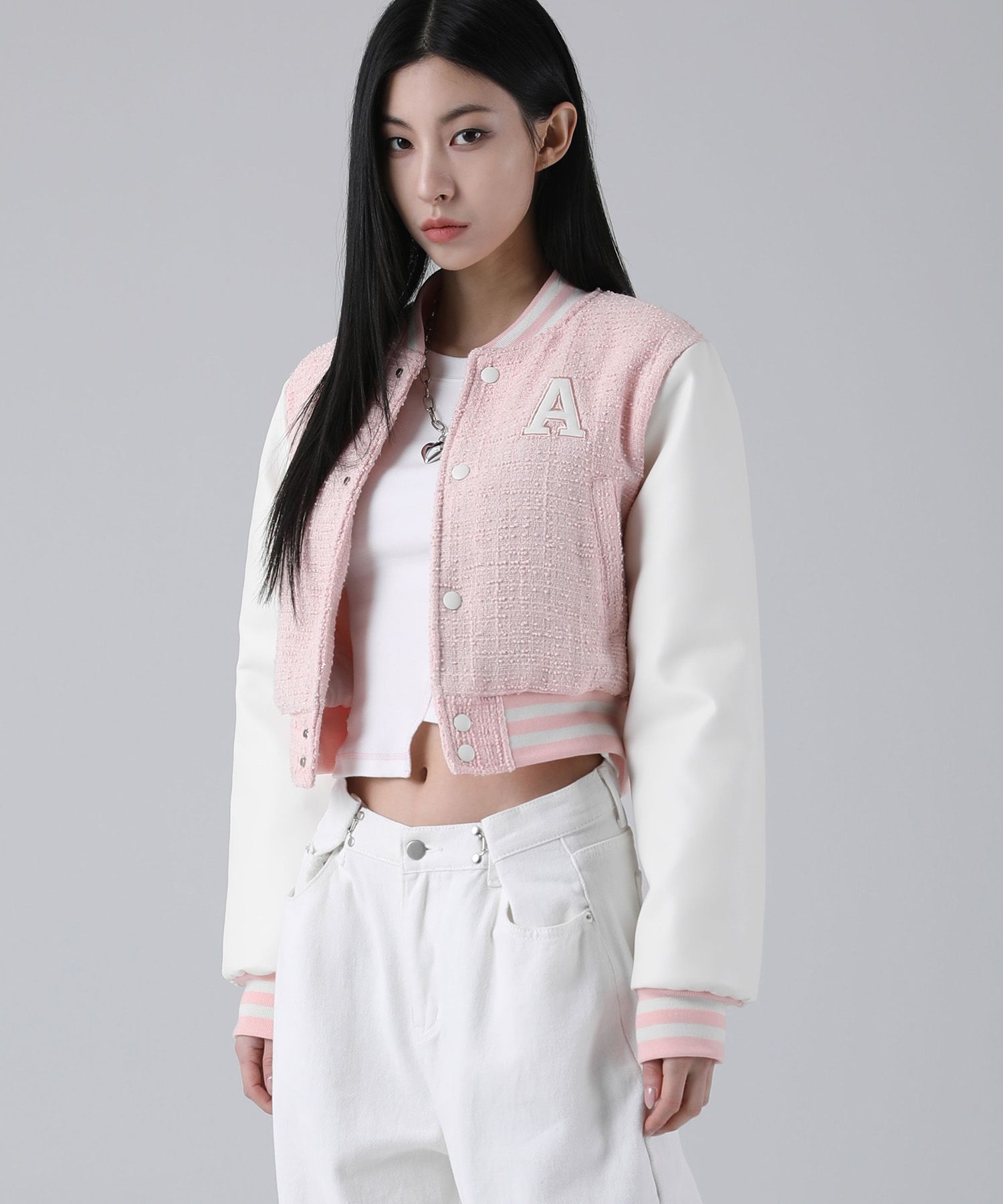 AVANDRESS★韓国★人気 Atlantis Love Crop Varsity Jacket PINK MUSINSA | AVANDRESS Atlantis Love Crop Varsity Jacket PINK