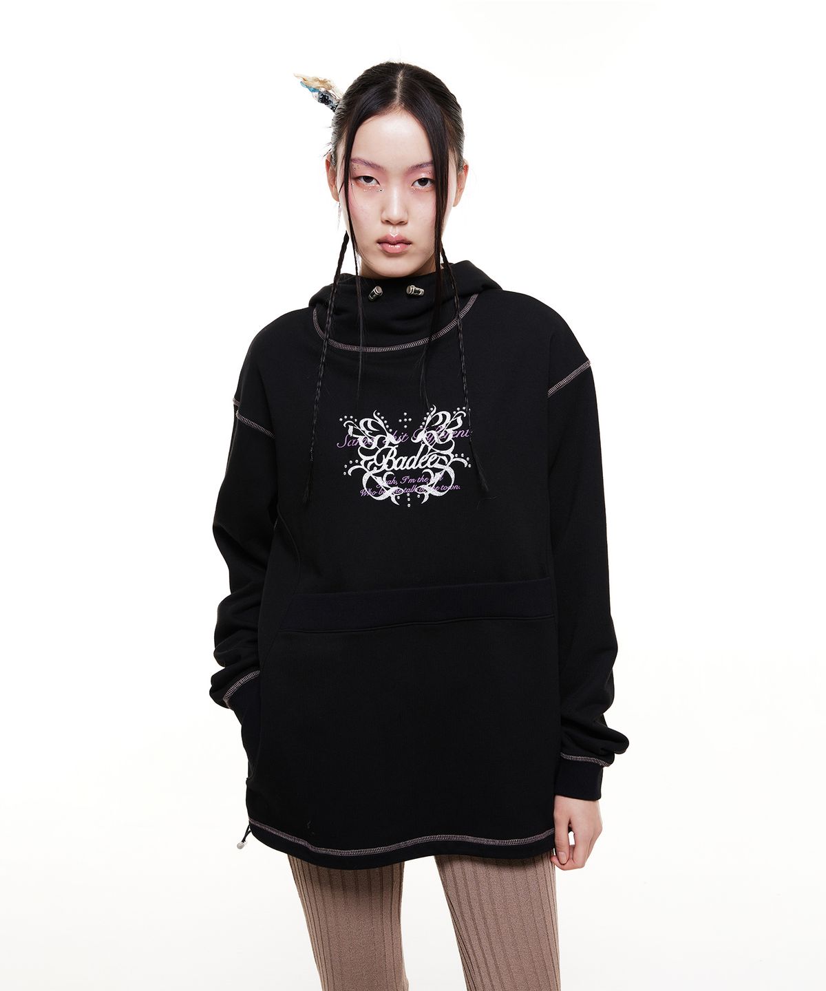 배디(BADEE) Turtleneck Long Hoodie Black