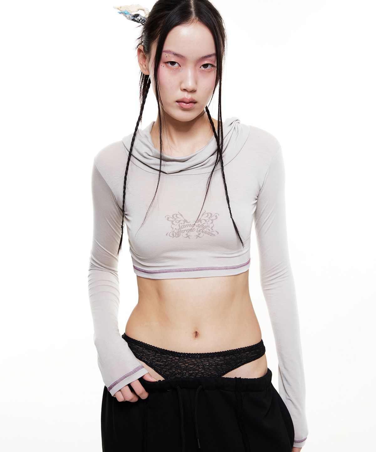 배디(BADEE) Underboob Turtleneck Hoodie Light Gray