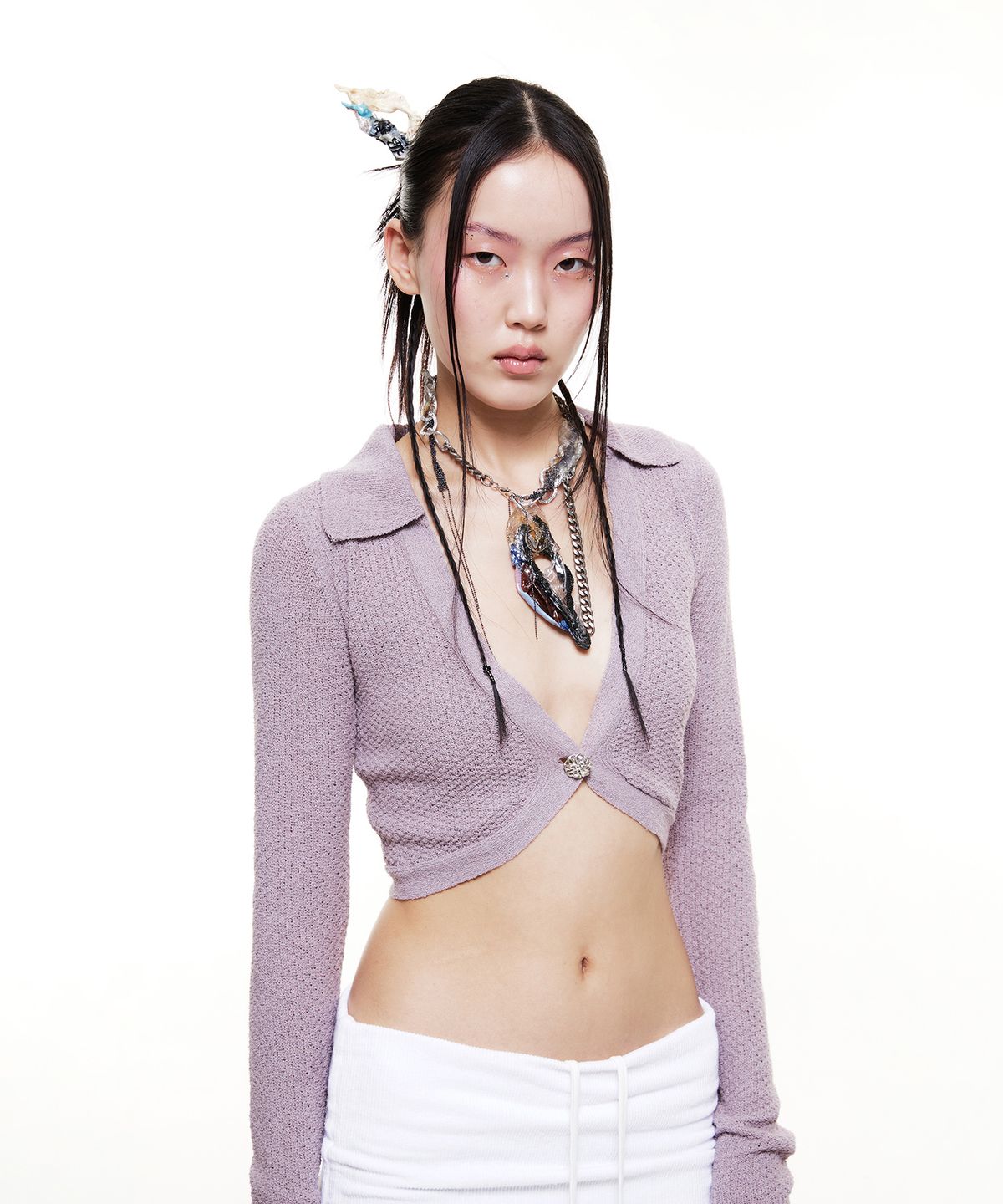 배디(BADEE) Cropped Boucle Cardigan Mauve