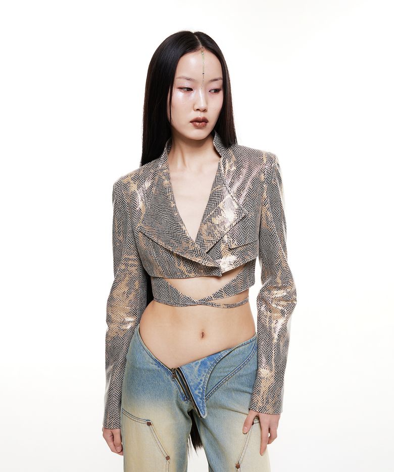 Cropped String Blazer Beige