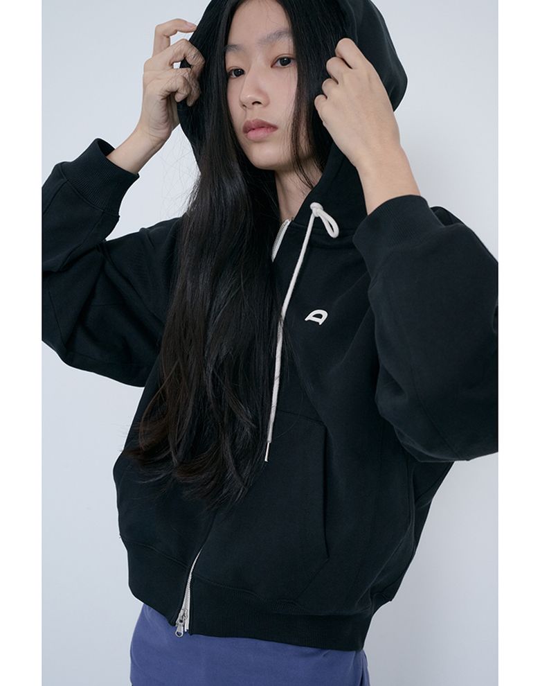 UNISEX LEATHER LOGO ZIP-UP HOODIE_UDTS6C108_BLACK