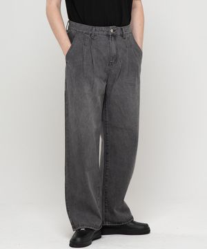 투턱 트렌디 와이드 데님팬츠[다크그레이]