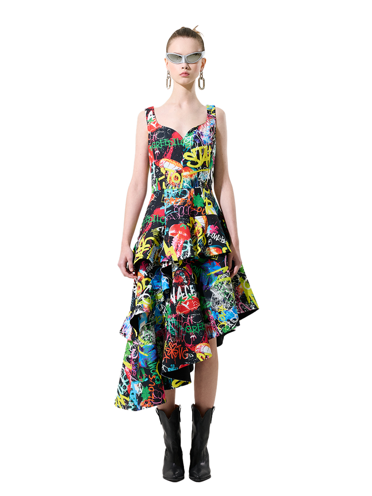 그리디어스(GREEDILOUS) Black Graffiti Unbalanced Ruffle A-Line Dress