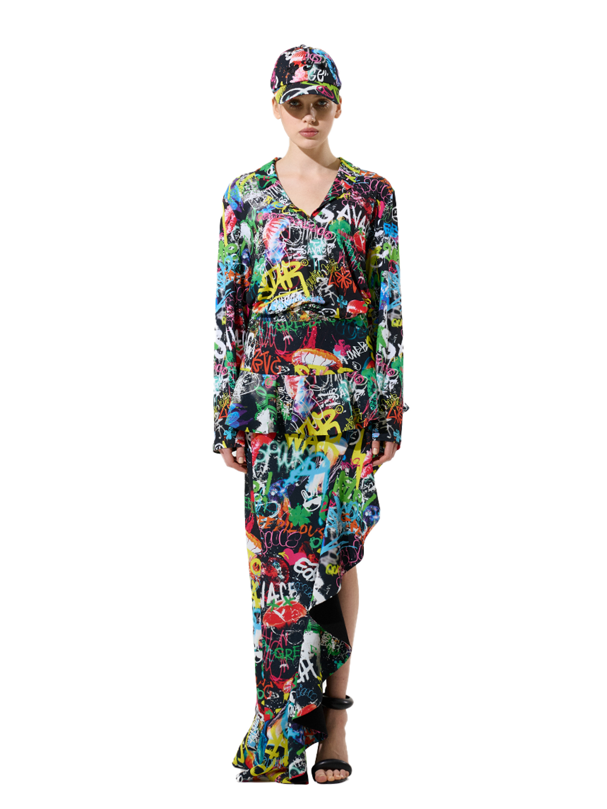 그리디어스(GREEDILOUS) Black Graffiti Print 01 Black Graffiti Pattern Ruffle Unbalanced Skirt