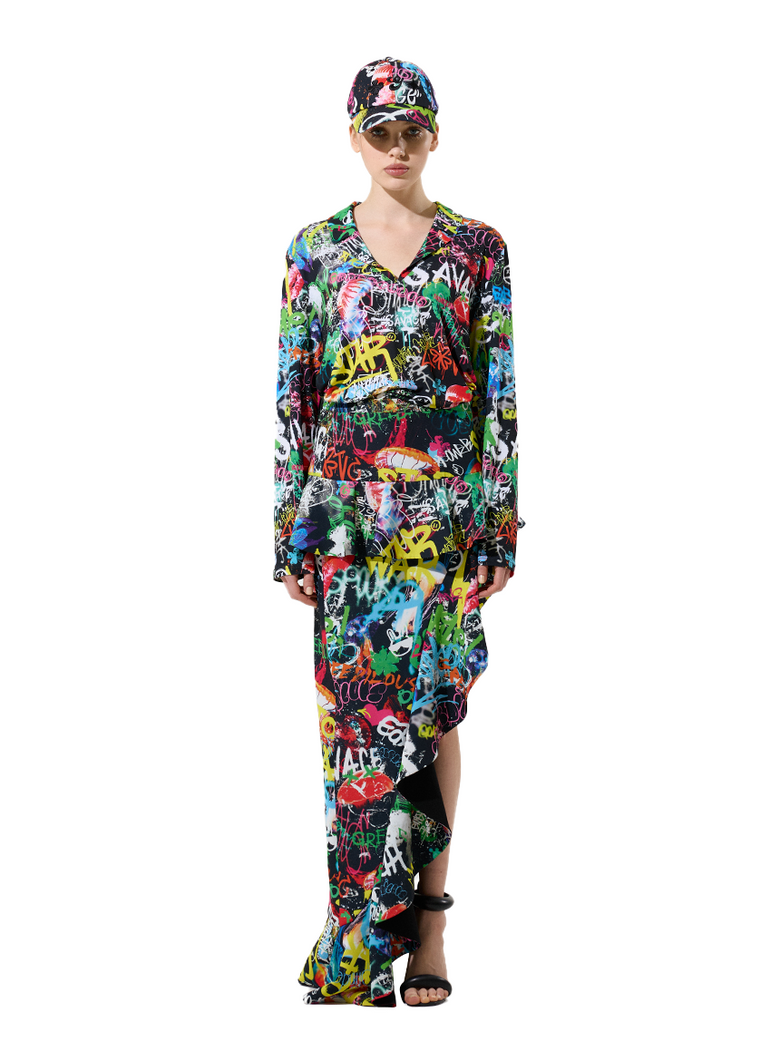 Black Graffiti Print 01 Black Graffiti Pattern Ruffle Unbalanced Skirt