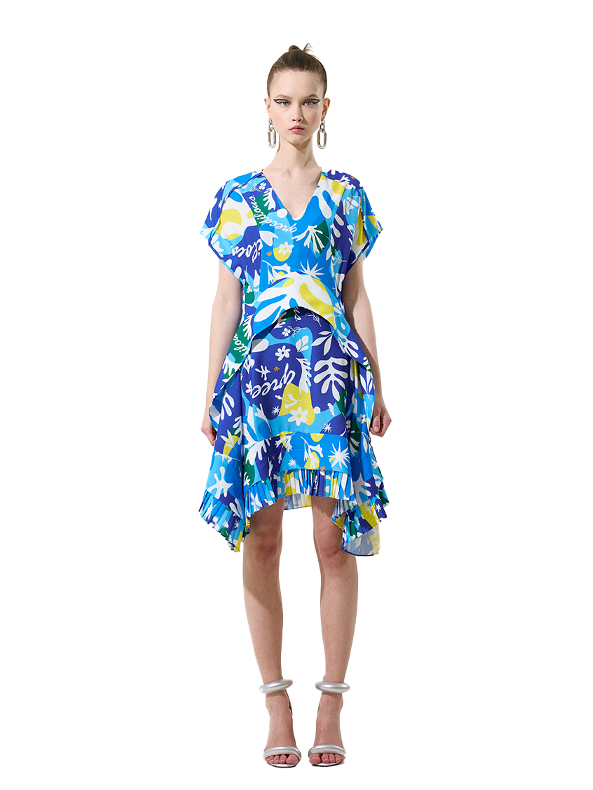 그리디어스(GREEDILOUS) Blue Cut Out Print Ruffle Dress