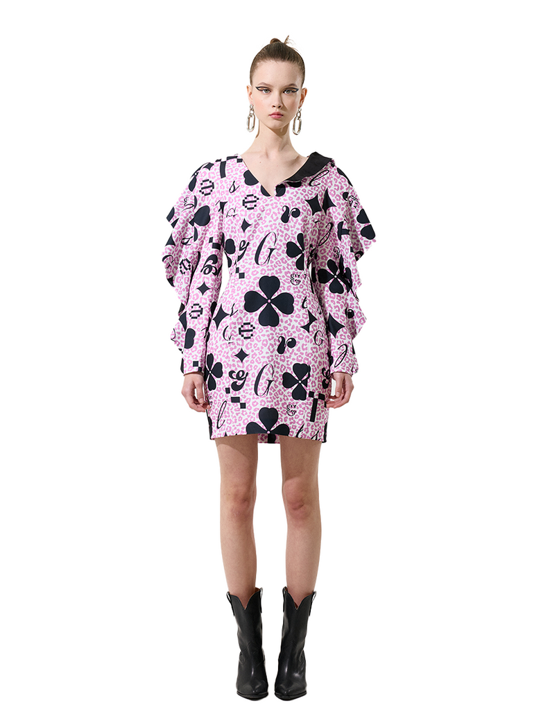 pink clover Print shoulder ruffle Mini Dress