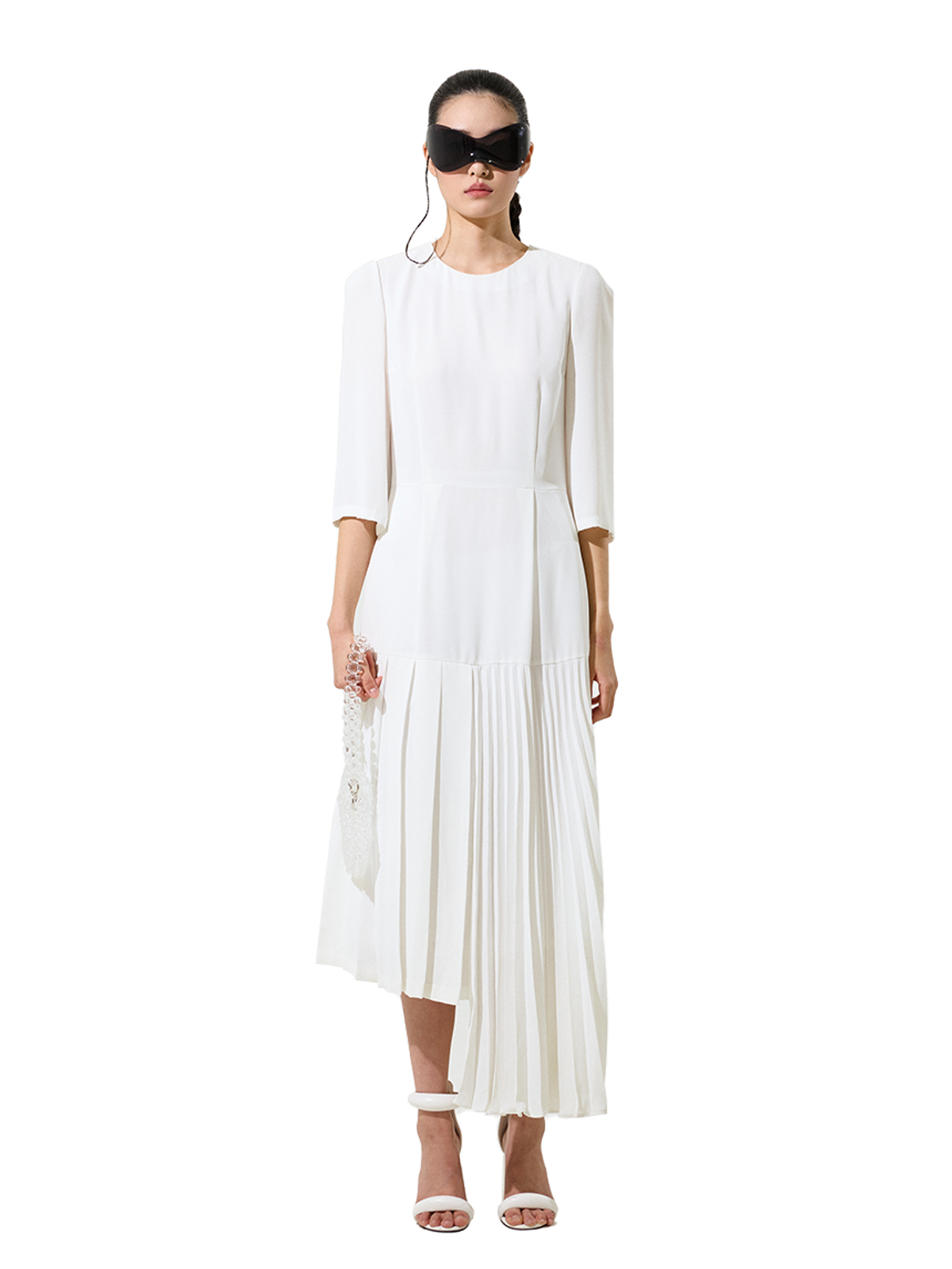 그리디어스(GREEDILOUS) Solid White Pleats Hem Dress 3/4 Sleeve