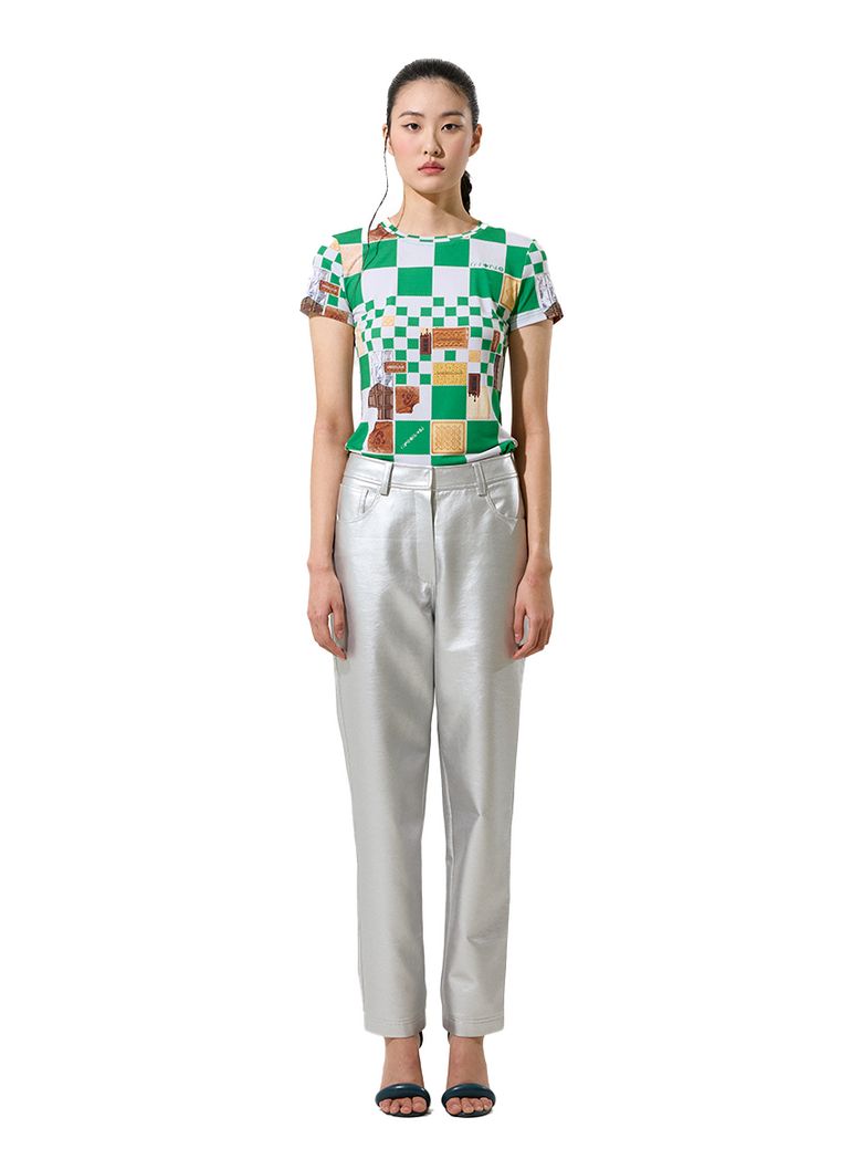 Green Biscuit Check Pattern 01 Back Pocket Patch Silver Pants