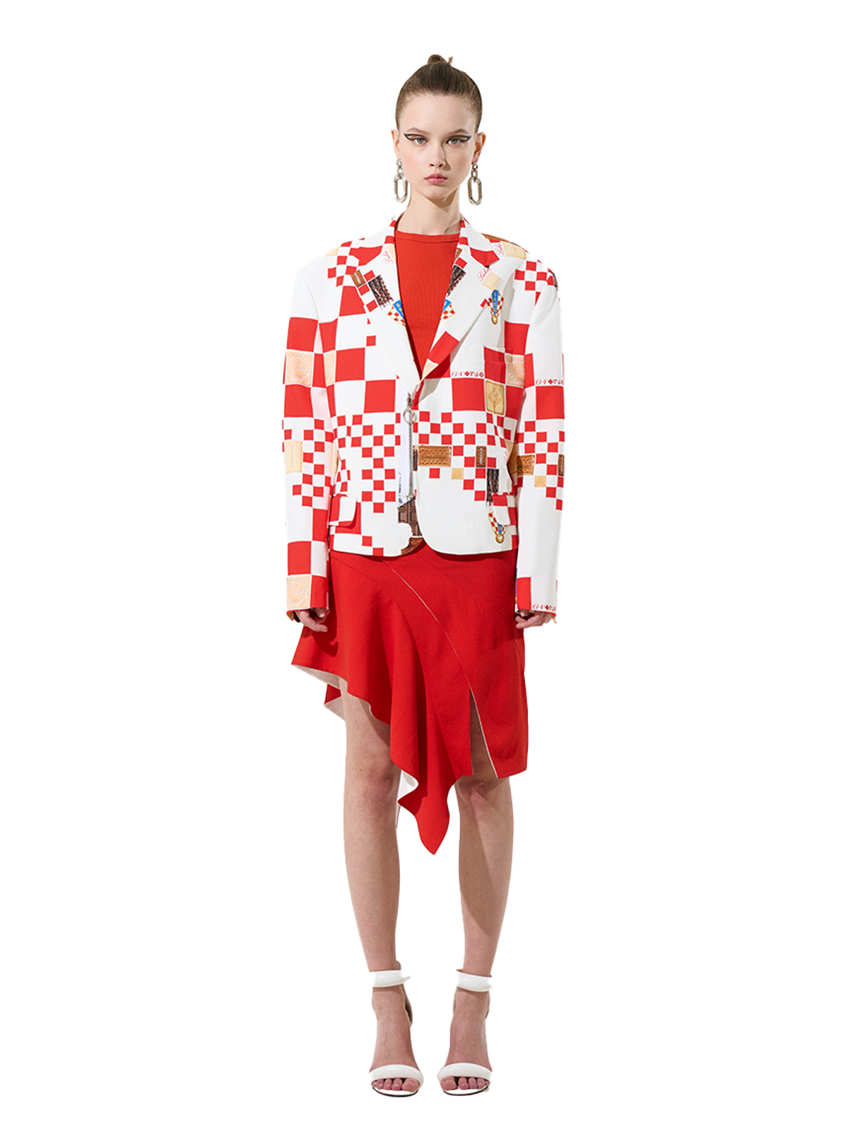 그리디어스(GREEDILOUS) Red And White Biscuit Check Pattern Zipper Detail Jacket