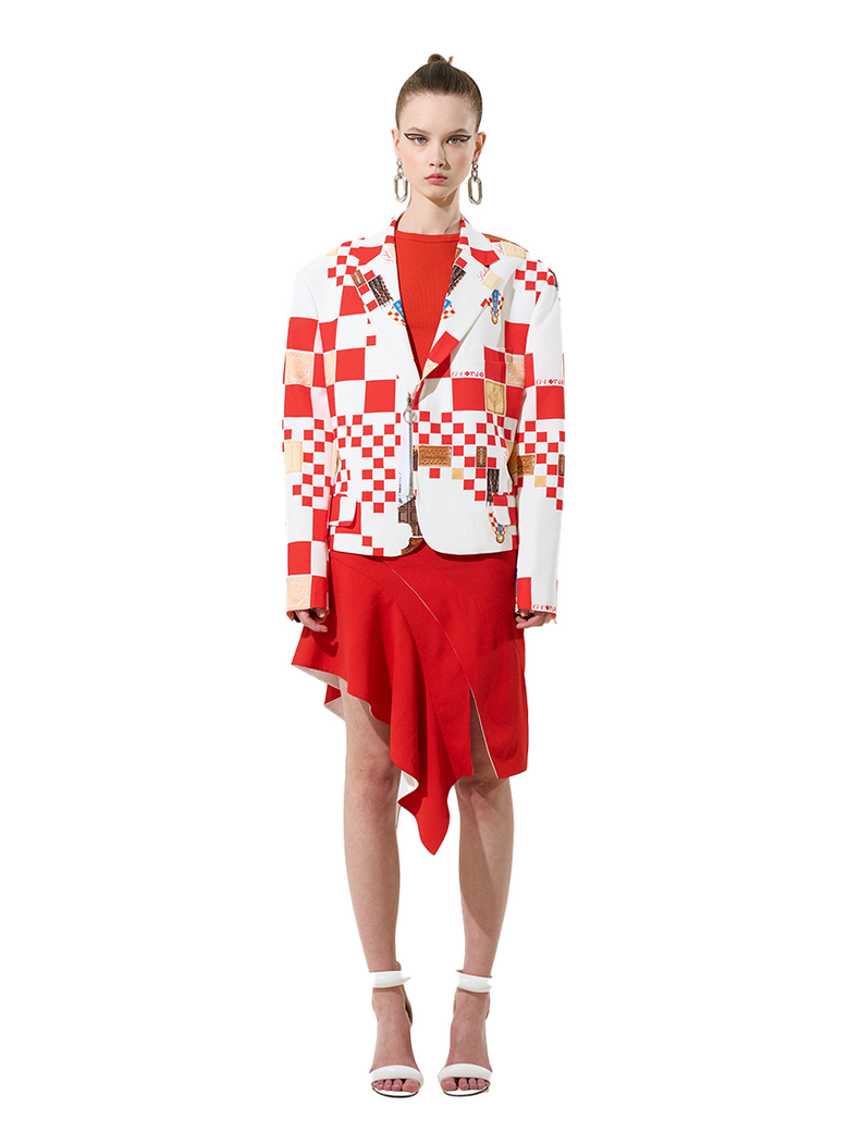 Red And White Biscuit Check Pattern Zipper Detail Jacket