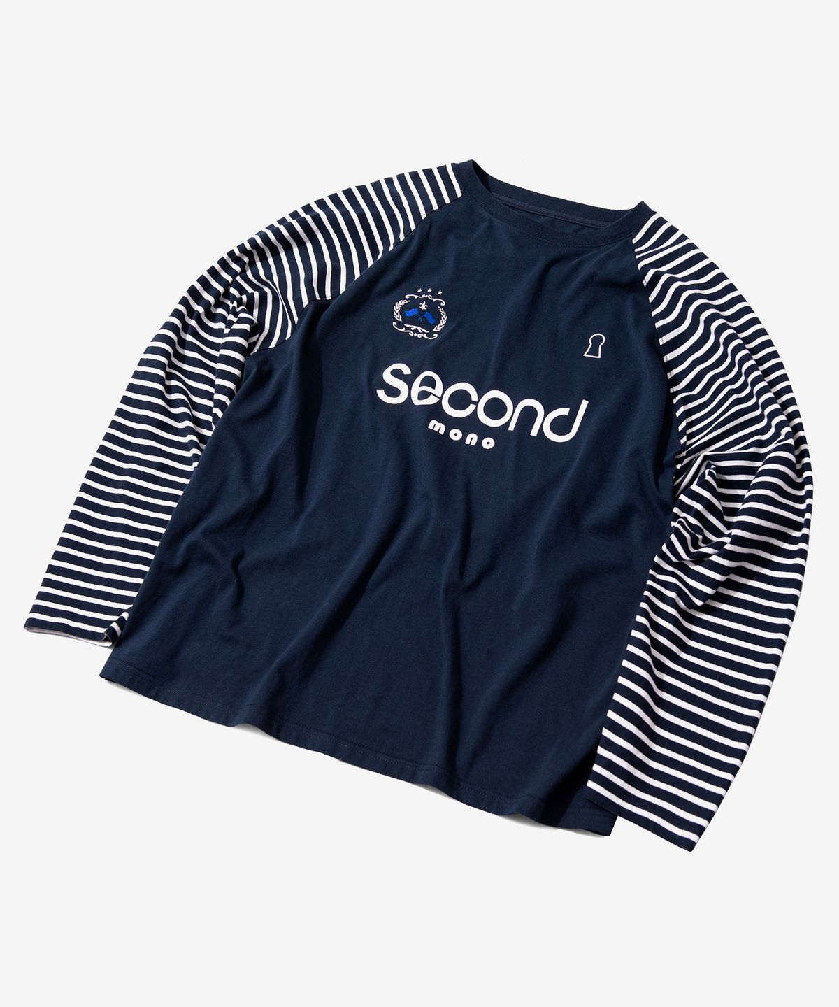 세컨모놀로그(SECONDMONO) 클럽 로고 스트라이프 래글런 티셔츠 [NAVY]_SETS031NAVY