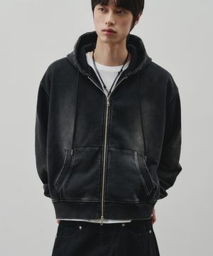 [리뉴얼] 플레인 피그먼트 크롭 후드집업 [워시드블랙]