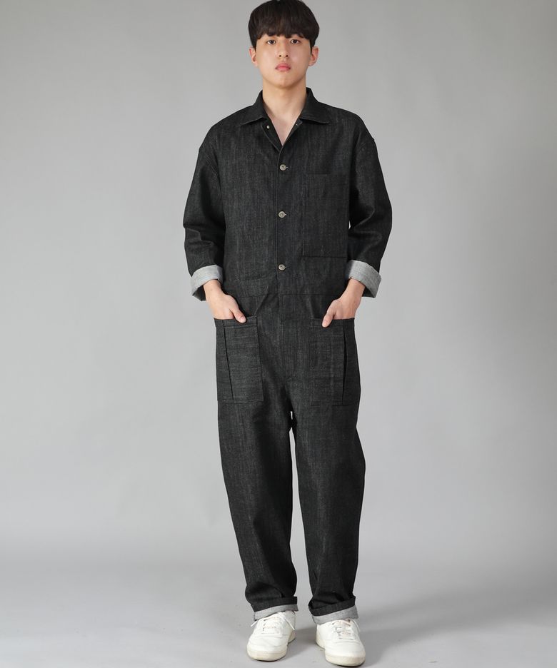 오버라운드 테이퍼드 카고 점프슈트 OT-502C 블랙 데님 BKS