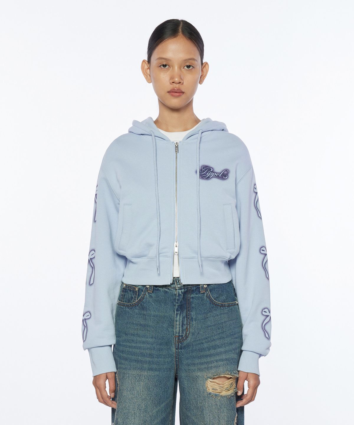 핍펫(PIPPET) Vintage Ribbon Crop Hoodie Zip-up (sky blue)